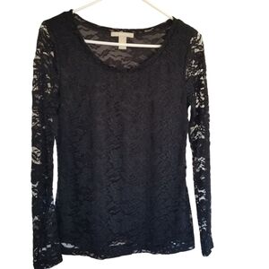 Banana Republic Holiday Black Floral Lace Lined Long Sleeve Scoop Neck Top Small